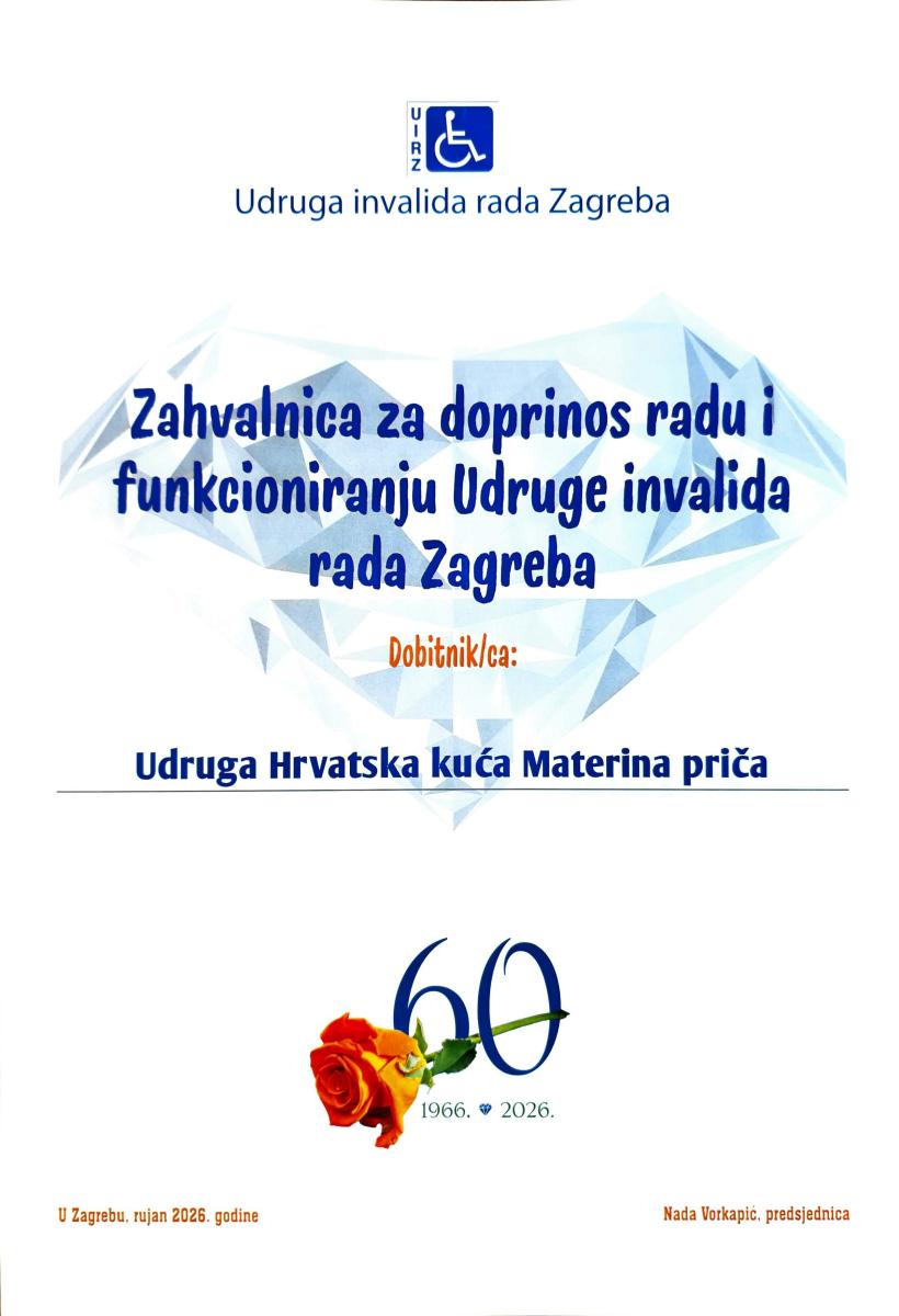 Hrvatskoj kući „Materina priča“ uručena zahvalnica Udruge invalida rada Zagreba